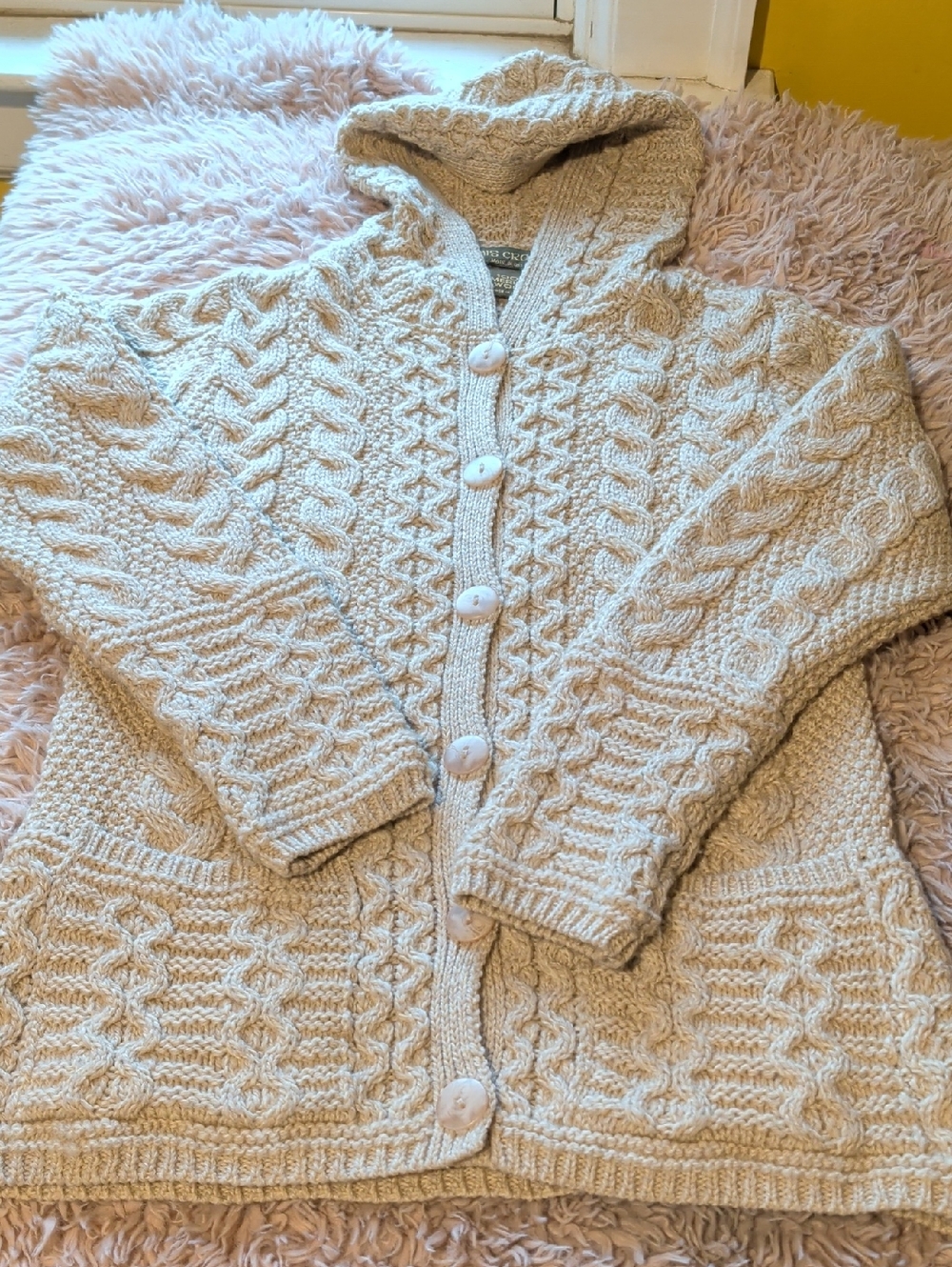 100% Merino Wool Hooded Cardigan Sweater, Women's Small, Cream